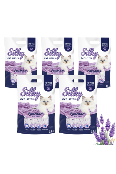 Żwirek silikonowy dla kota bezpyłowy SILKY Lavender 3,8l zestaw 5 szt.