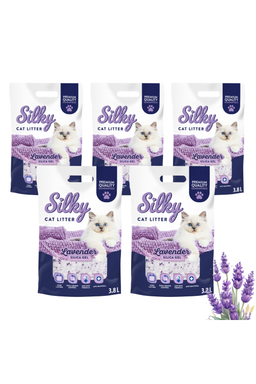 Żwirek silikonowy dla kota bezpyłowy SILKY Lavender 3,8l zestaw 5 szt.