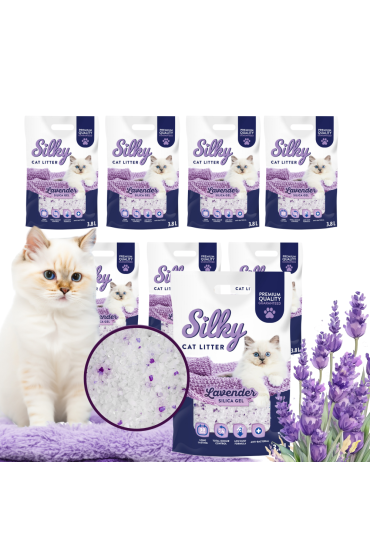 Żwirek silikonowy dla kota bezpyłowy SILKY Lavender 3,8l zestaw 8 szt.