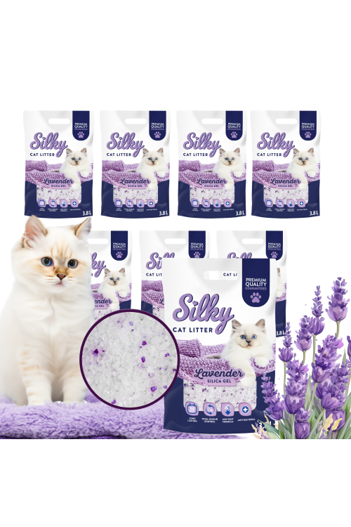 Żwirek silikonowy dla kota bezpyłowy SILKY Lavender 3,8l zestaw 8 szt.