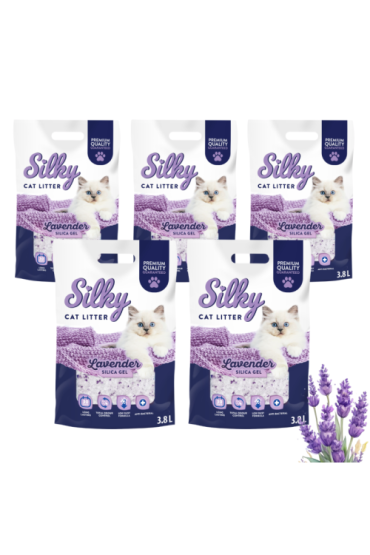 Żwirek silikonowy dla kota bezpyłowy SILKY Lavender 3,8l zestaw 5 szt.