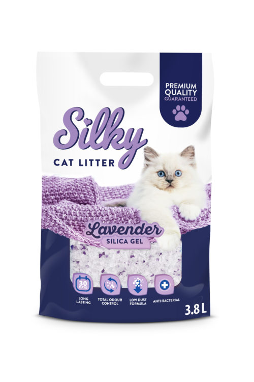 Żwirek silikonowy dla kota bezpyłowy SILKY Lavender 3,8l zestaw 8 szt.